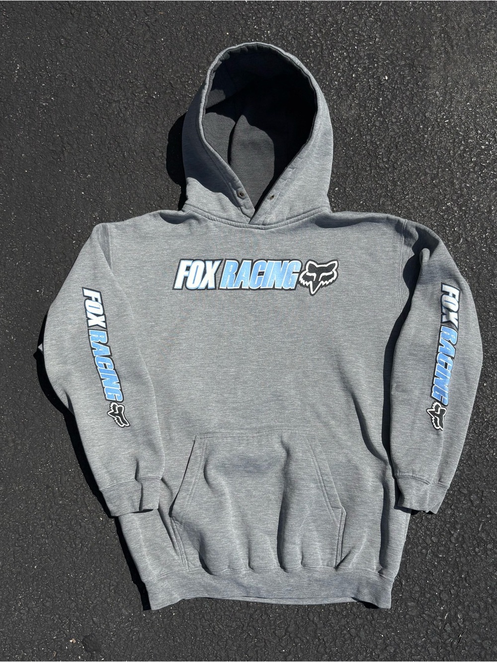 Vintage Y2K FOX Racing Pullover Hoodie Sweatshirt Size M Grey Sleeve Hit Skater